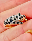 1970s 9 MIXED 14K WHITE YELLOW GOLD DIAMOND BLACK SAPPHIRE SNOW LEOPARD RING