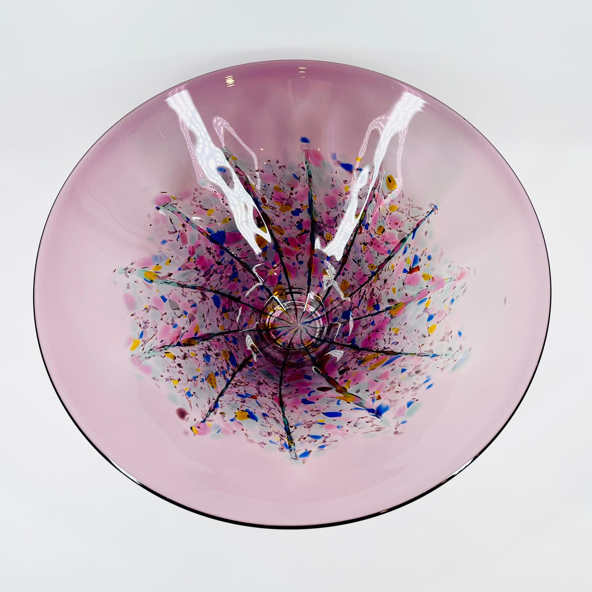 1990s AUSTRALIAN MOUTH BLOWN PINK PURPLE SPATTER ART GLASS BOWL BY MATT LARWOOD