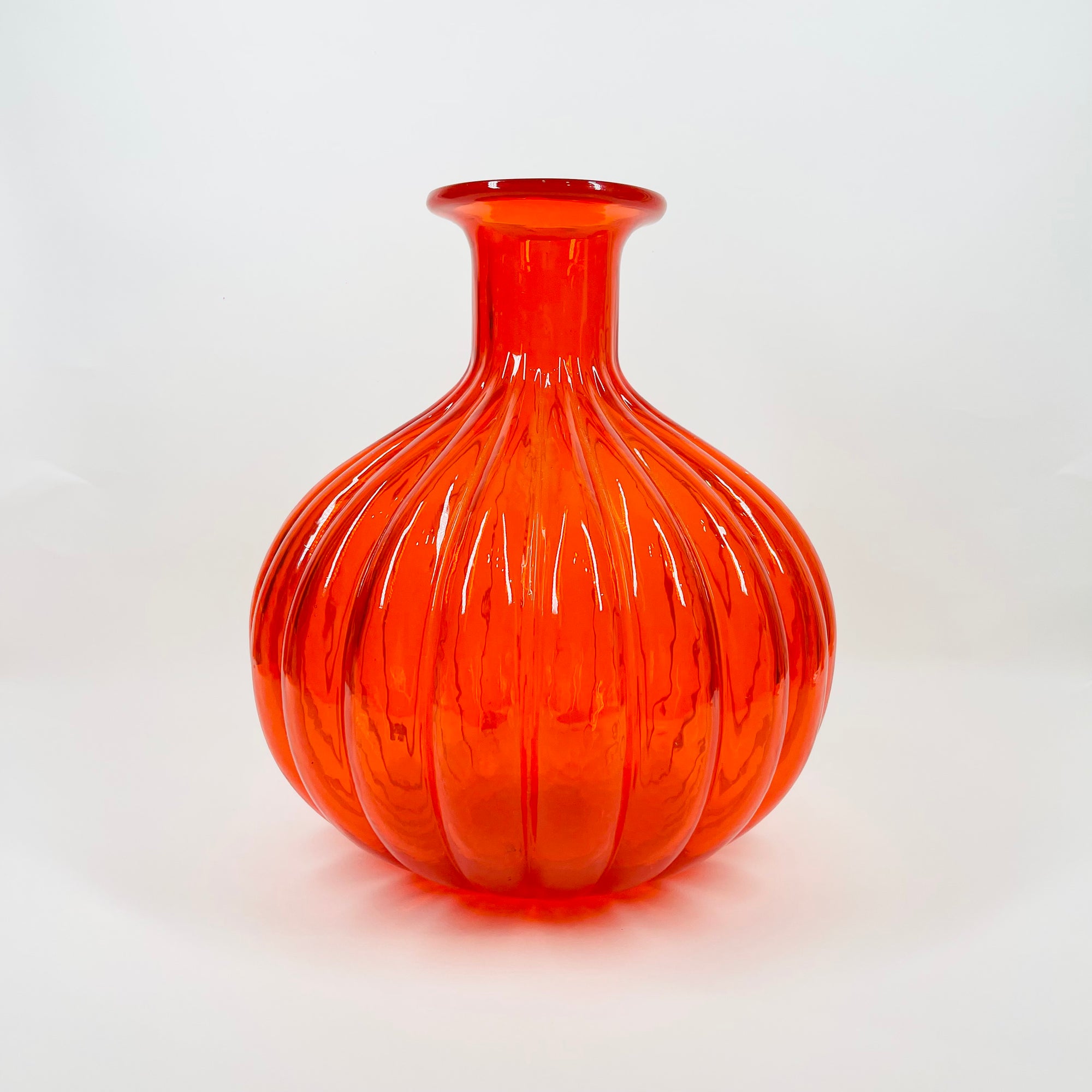 1970s ITALIAN EMPOLI ORANGE RIBBED GLASS ROUND BOTTLE VASE