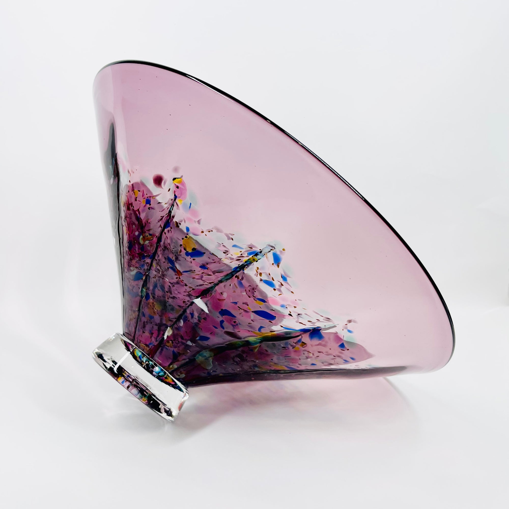 1990s AUSTRALIAN MOUTH BLOWN PINK PURPLE SPATTER ART GLASS BOWL BY MATT LARWOOD