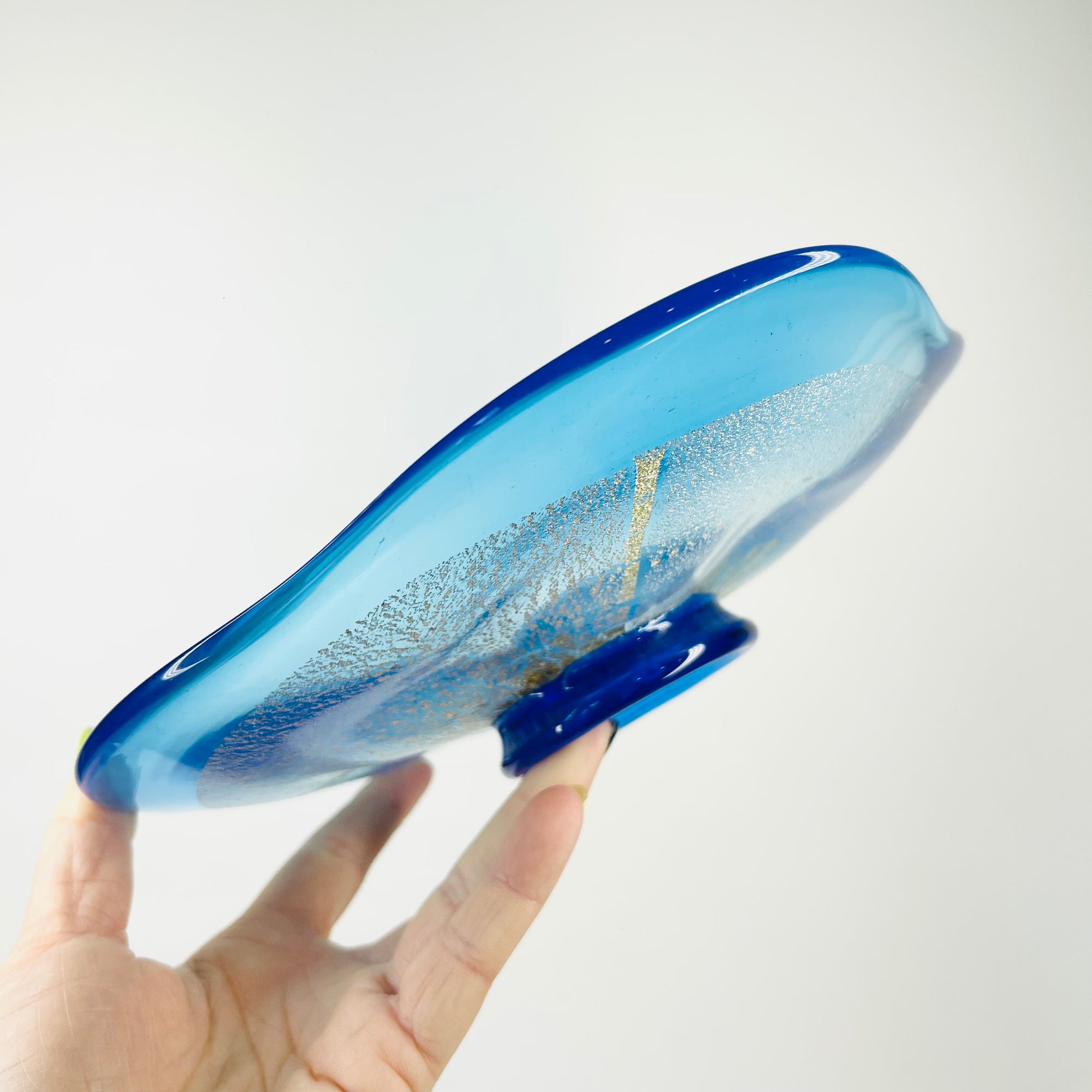 1980s HAND MADE JAPANESE TURQUOISE BLUE GLASS PLATE WITH SILVER &amp; GOLD AVENTURINE