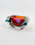 1950s MURANO RUBY BLUE YELLOW SOMMERSO FACETED RECTANGULAR GLASS BOWL