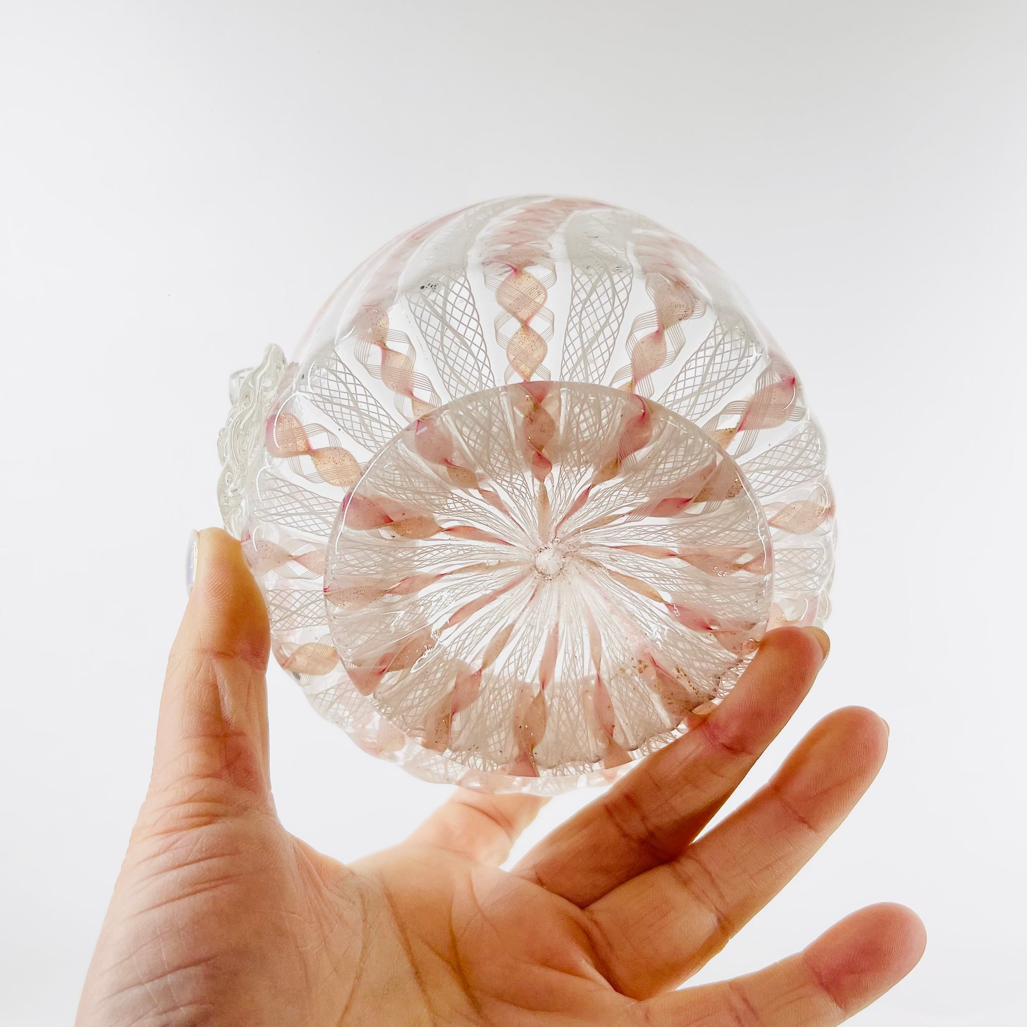 ANTIQUE PINK ZANFIRICO &amp; LATTICINO GLASS PINCHED BOWL &amp; MATCHING PLATE