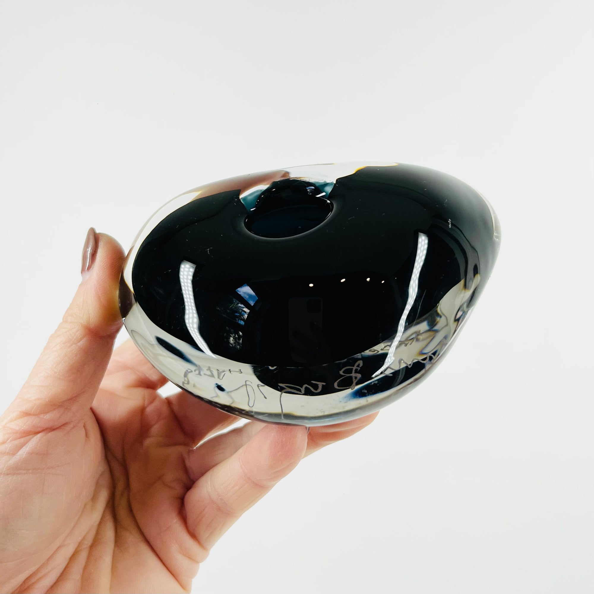 1999 ORREFORS SIGNED DARK BLUE GLASS STONE MINI BOWL/VASE