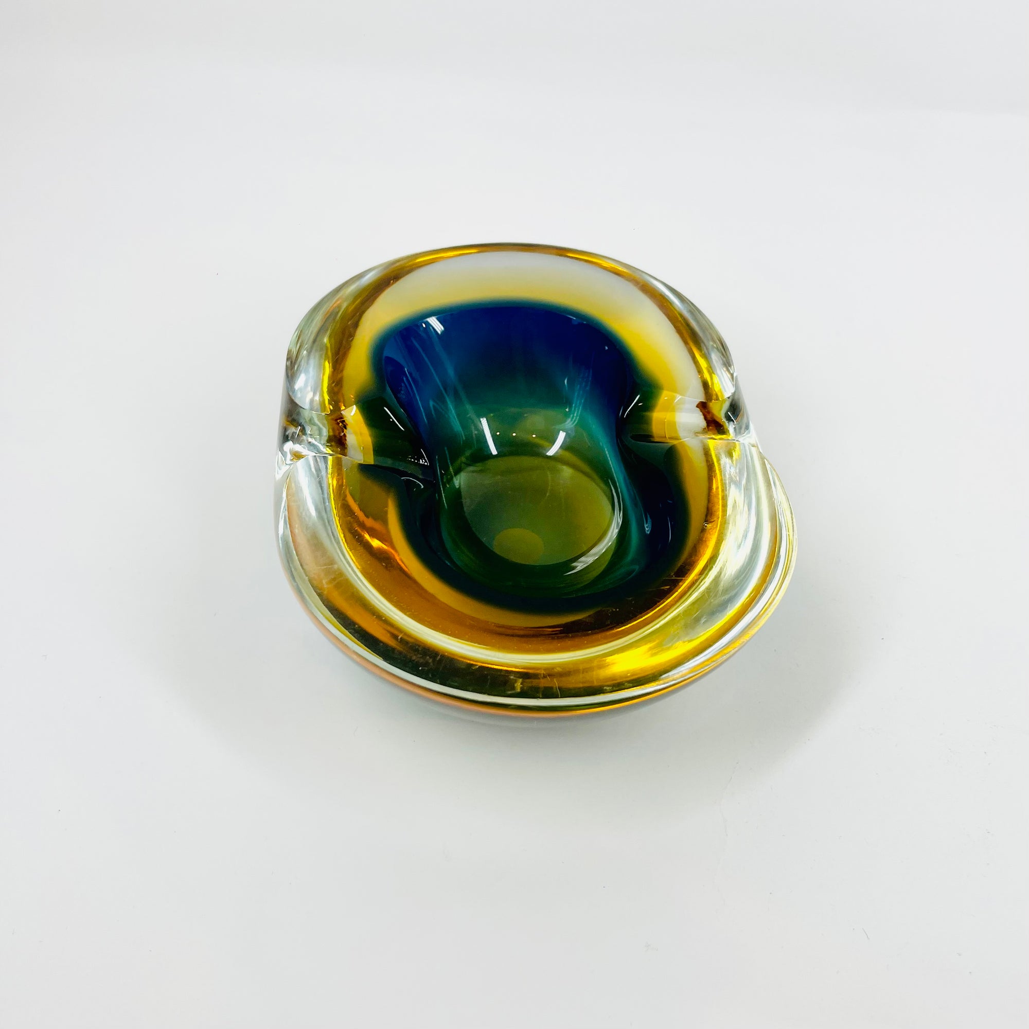 1950s COBALT BLUE TEAL AMBER MURANO SOMMERSO GLASS PINCHED BOWL/ASHTRAY