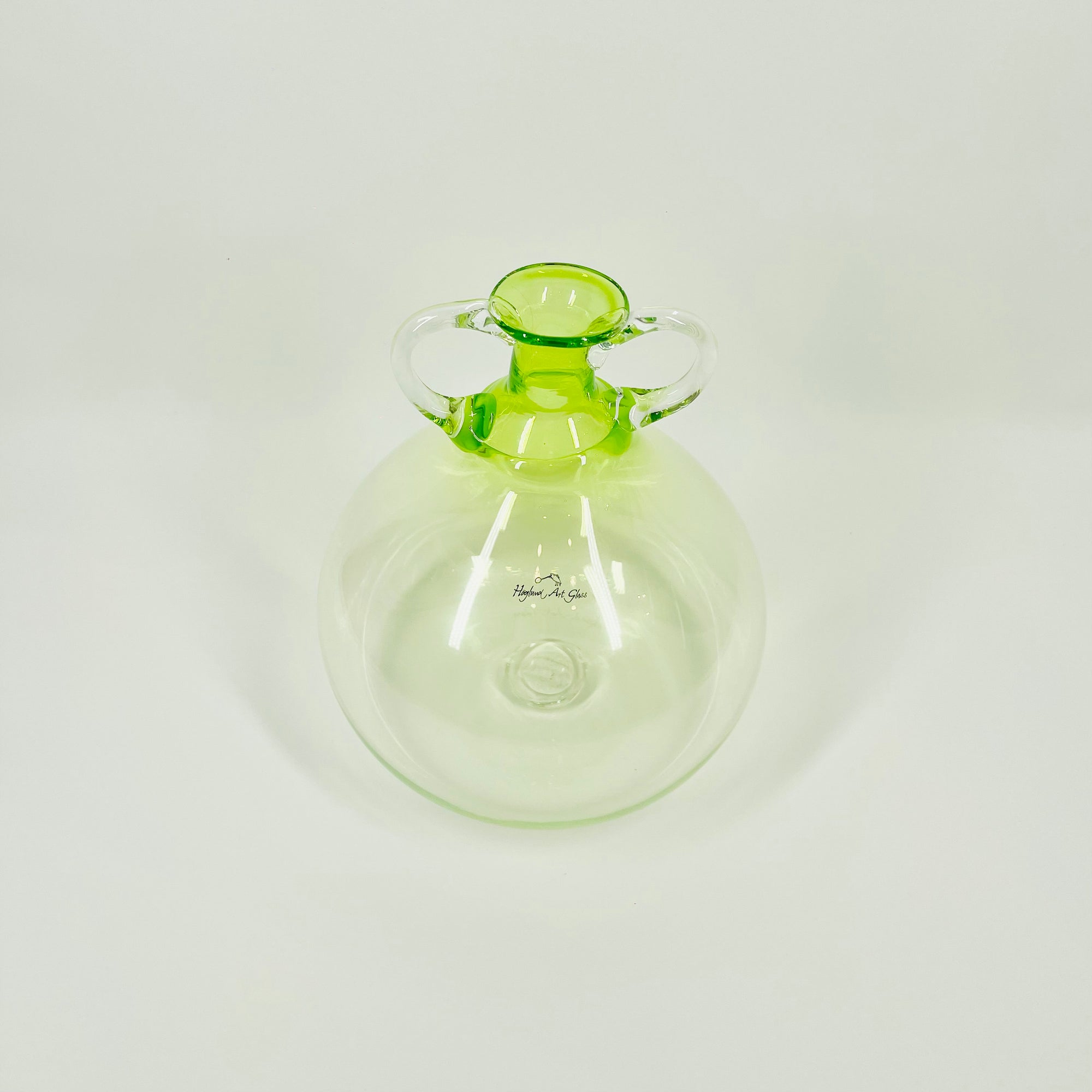 1990s HAND MADE HOGLUND GREEN OMBRE GLASS AMPHORA VASE/JUG