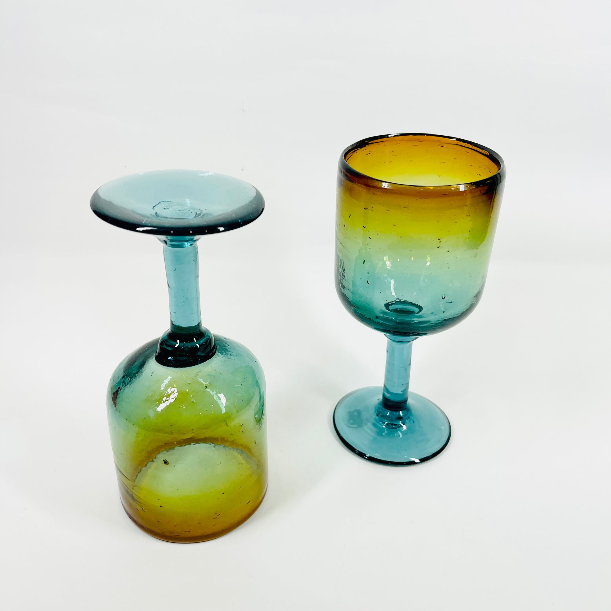 1980s MOUTH BLOWN BLUE AMBER AUSTRALIAN GLASS GOBLETS