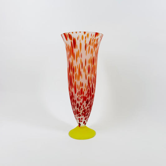 Stunning vintage red speckle satin glass yellow footed vase