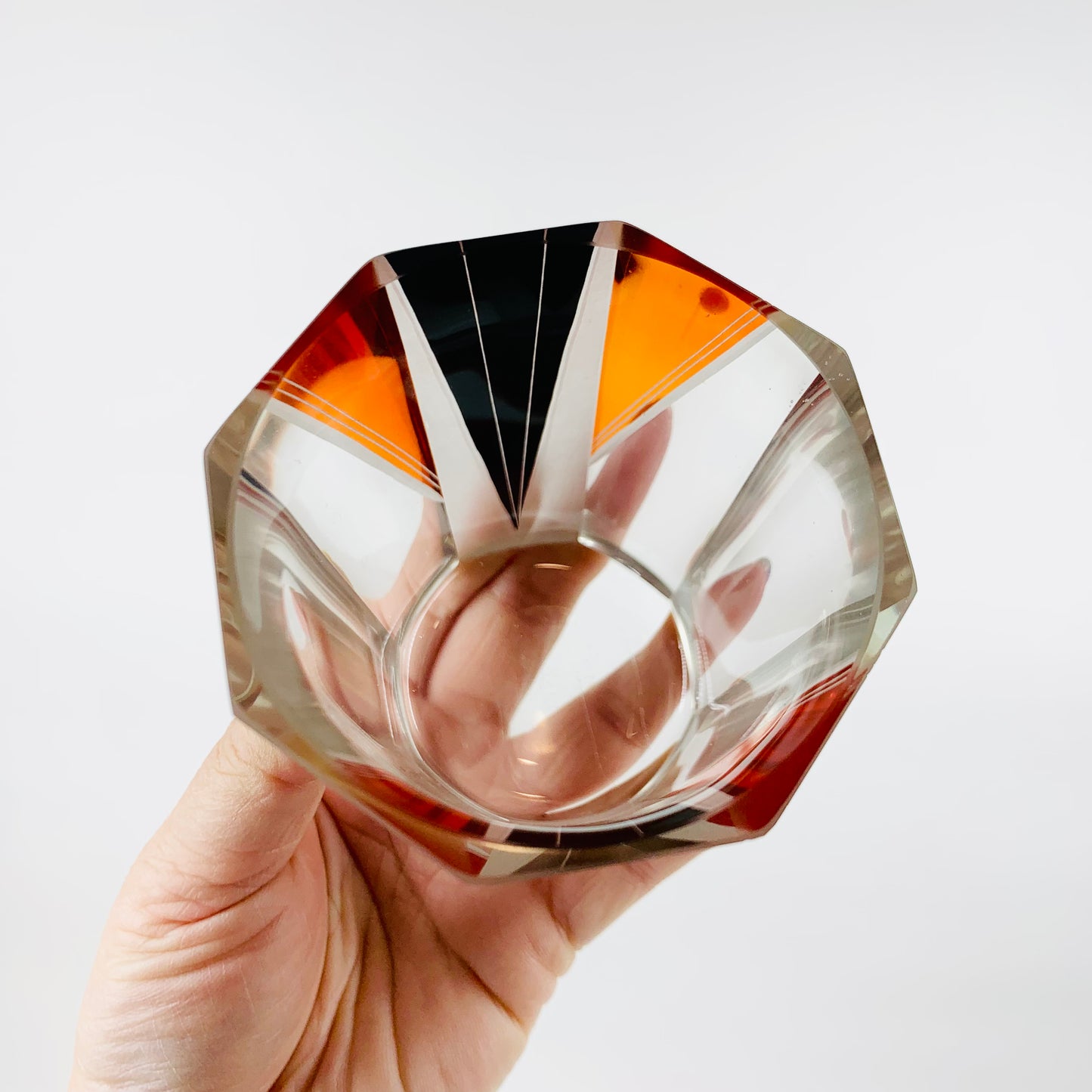 Extremely extremely rare antique Art Deco black & orange enamel decanter satin glass set by Karl Palda