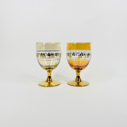 Rare 1940s harlequin gold gilded short stem wine glasses