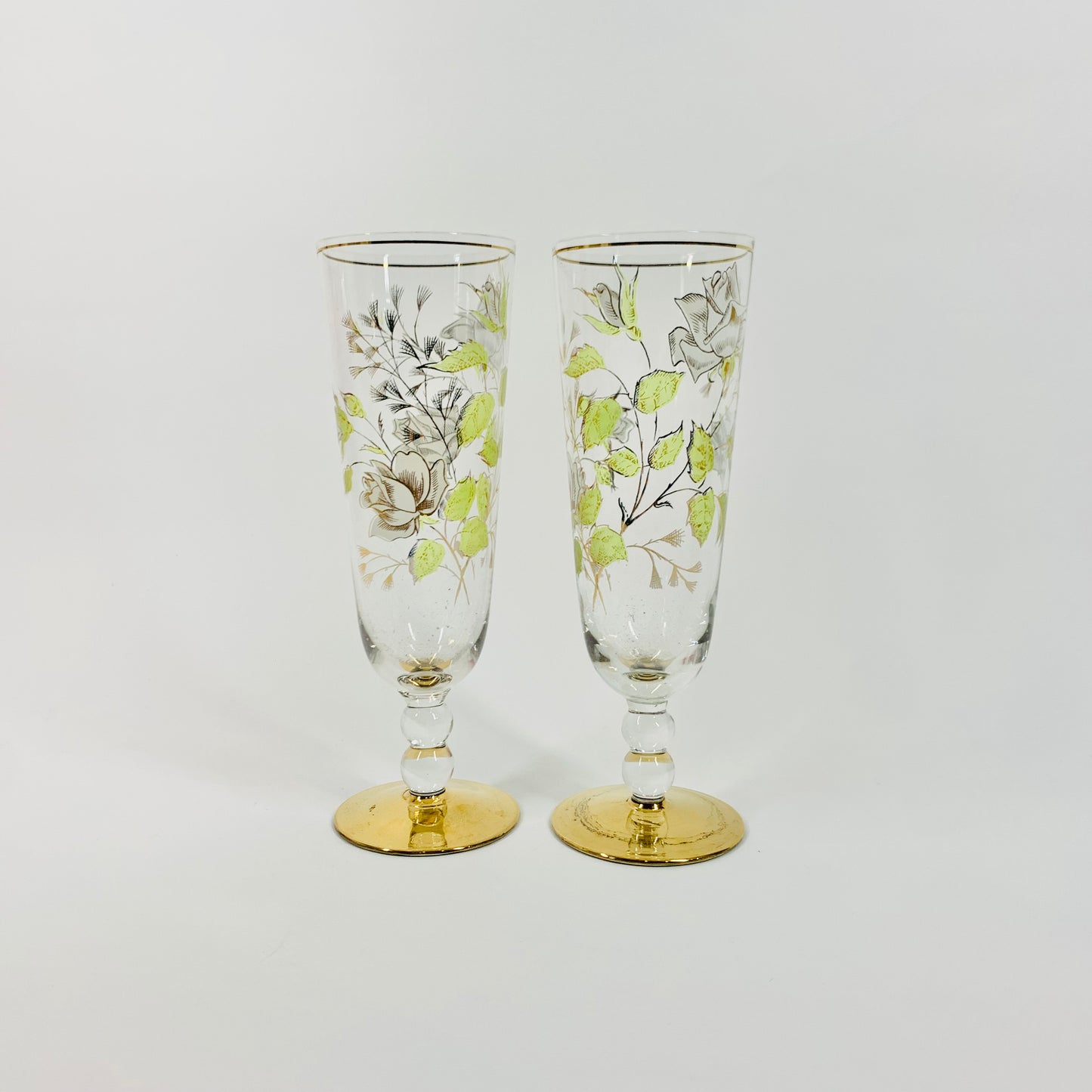 Midcentury hand painted Bohemian glass champagne flutes with gold gilding