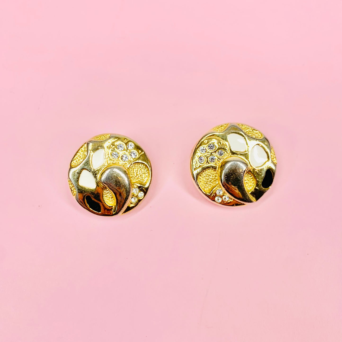 1960s Barcs triple plated gold clip on button earrings with grooves and crystals