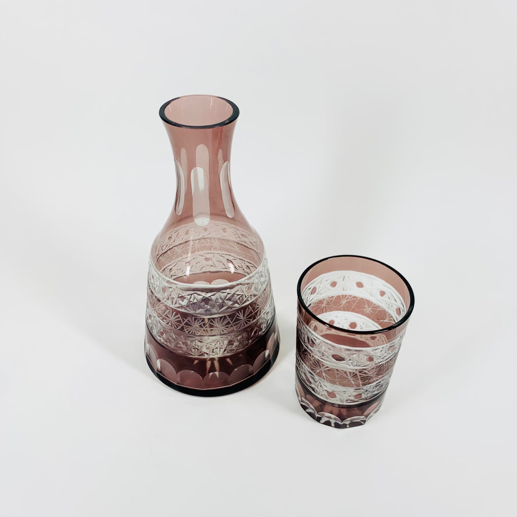 Antique Bohemian cameo hand etched glass carafe set