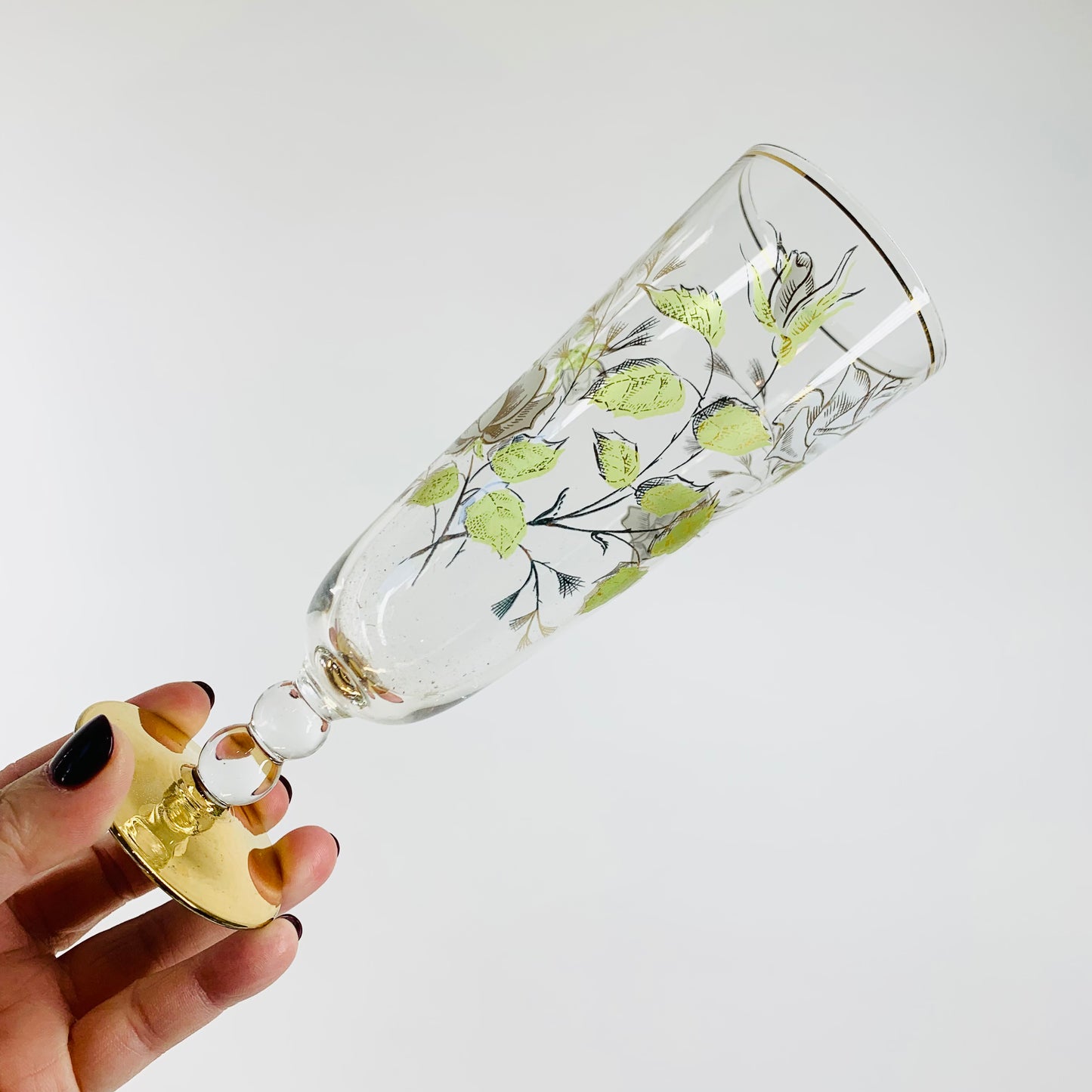 Midcentury hand painted Bohemian glass champagne flutes with gold gilding