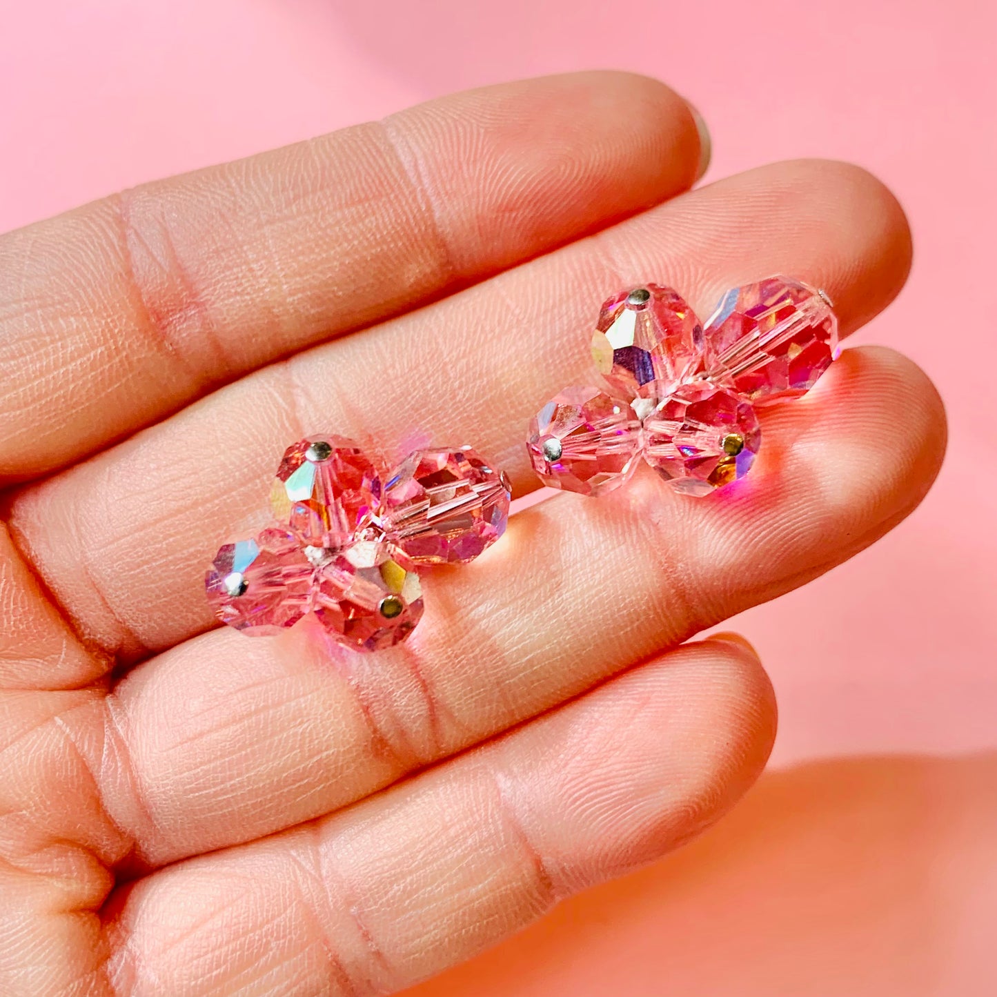 1950s pink crystal beads cluster screw back earrings