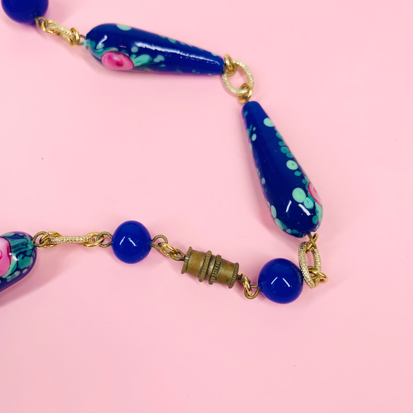 Rare 1950s Murano blue floral glass beads link necklace