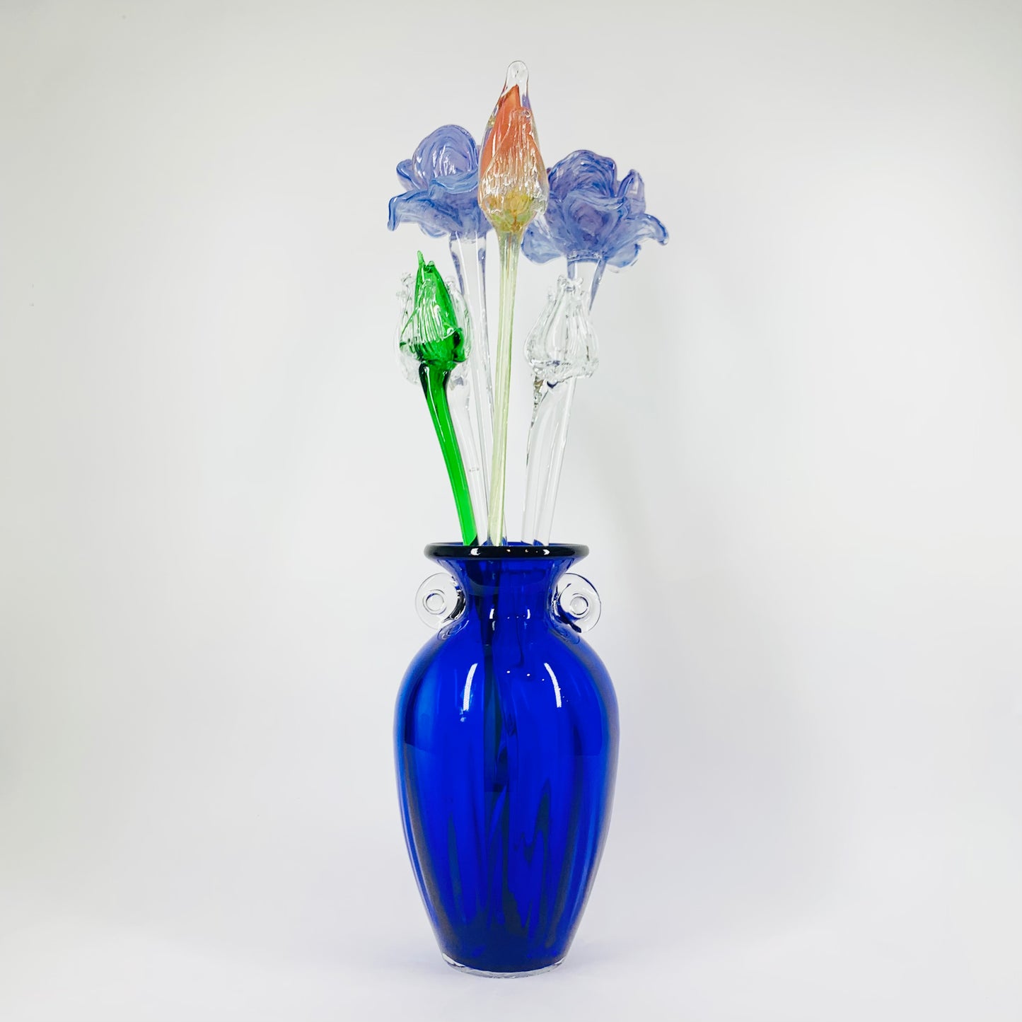 Mouth blown Murano art glass flower on long glass stem
