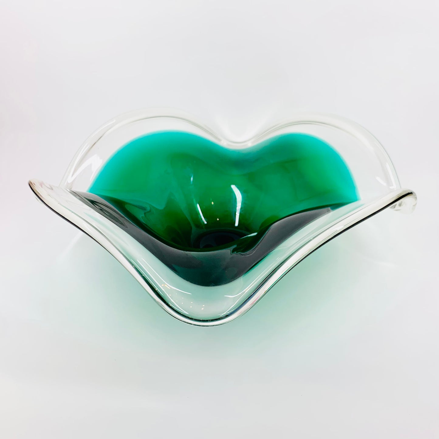 Large ruffle edge MCM Murano emerald green glass bowl