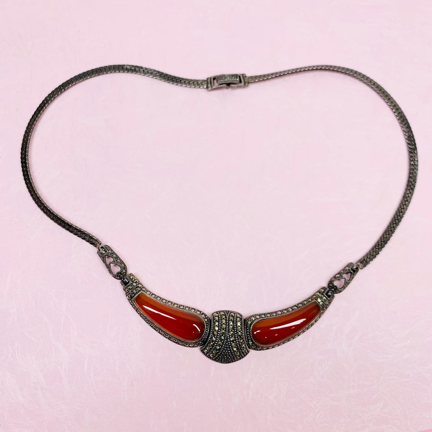 SILVER RED JADE MARCASITE NECKLACE