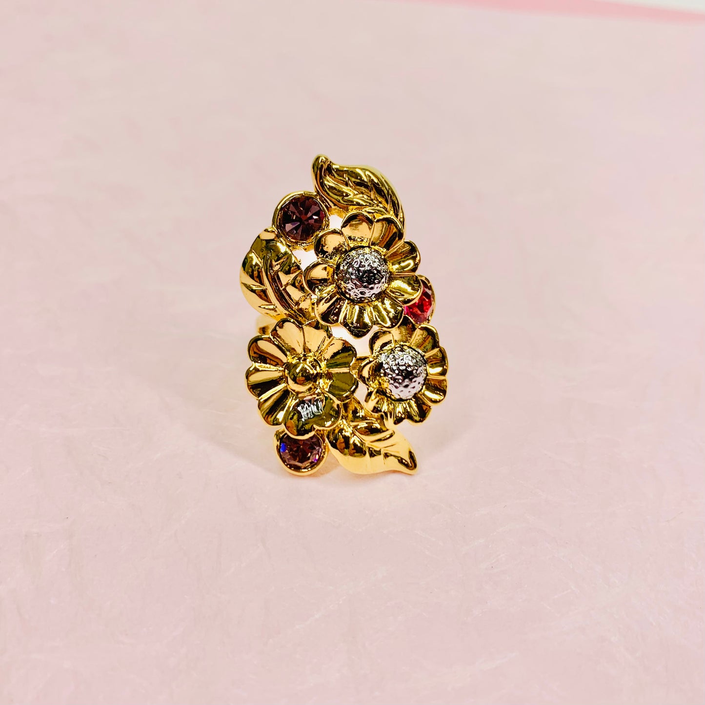 1980s costume gold plated statement floral ring with colour pastes