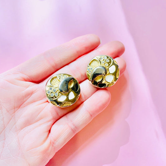 1960s Barcs triple plated gold clip on button earrings with grooves and crystals