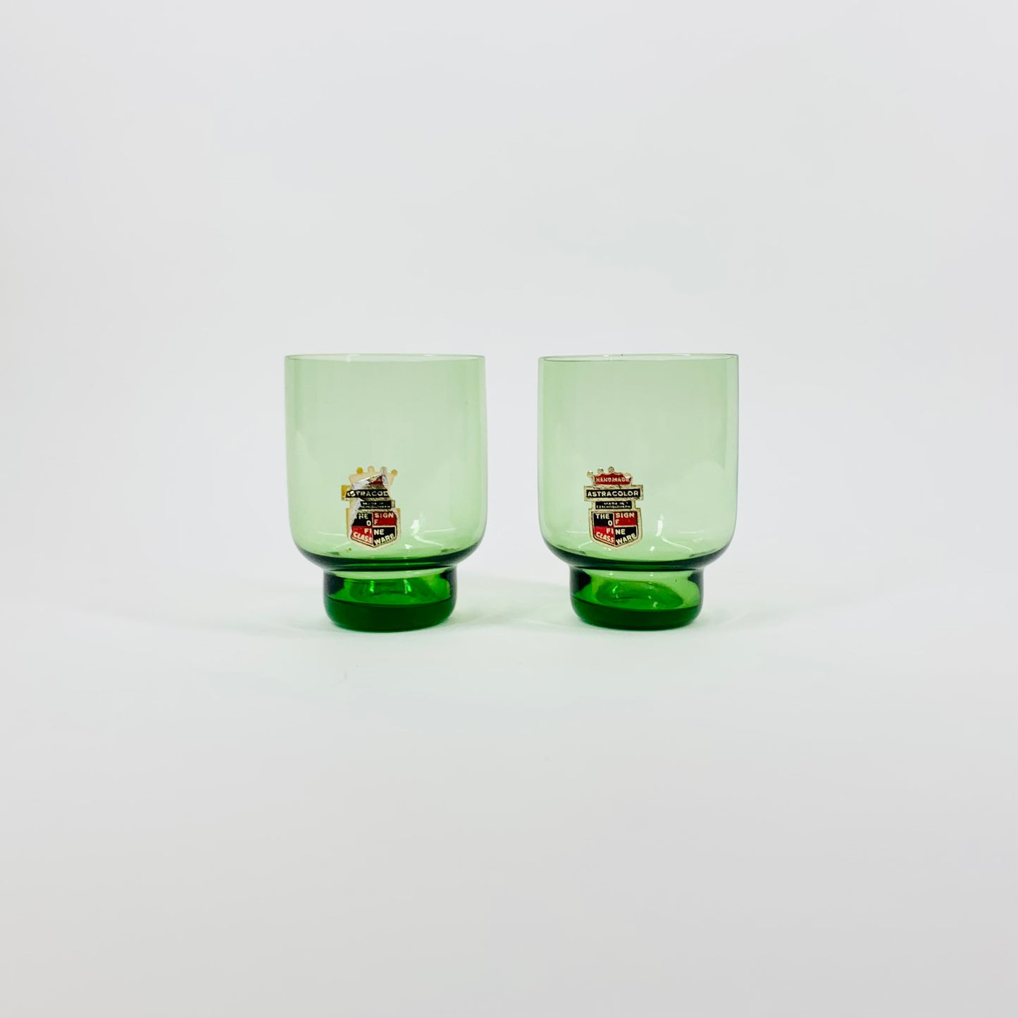 Midcentury hand made Bohemian astra colour green glass tumblers