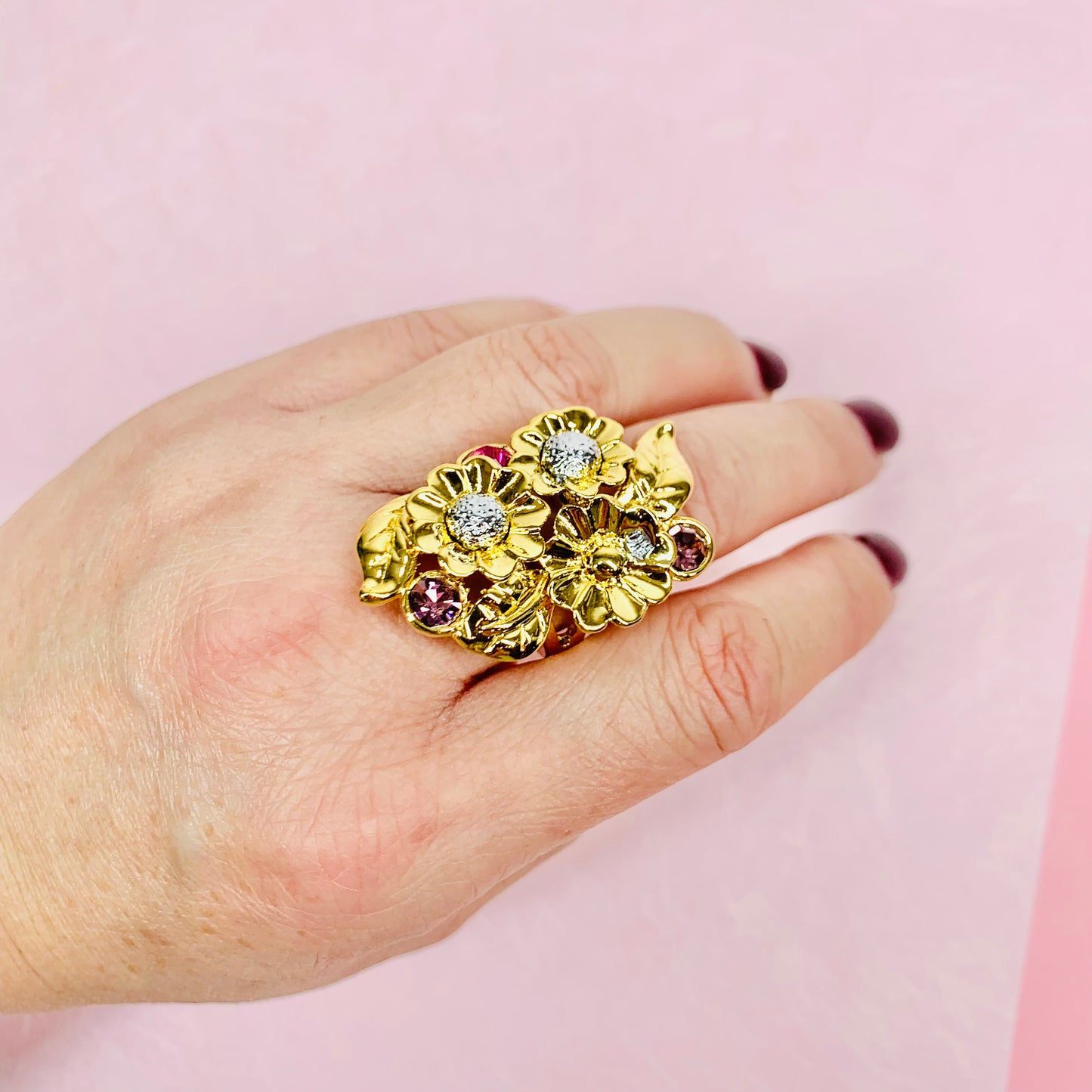 1980s costume gold plated statement floral ring with colour pastes