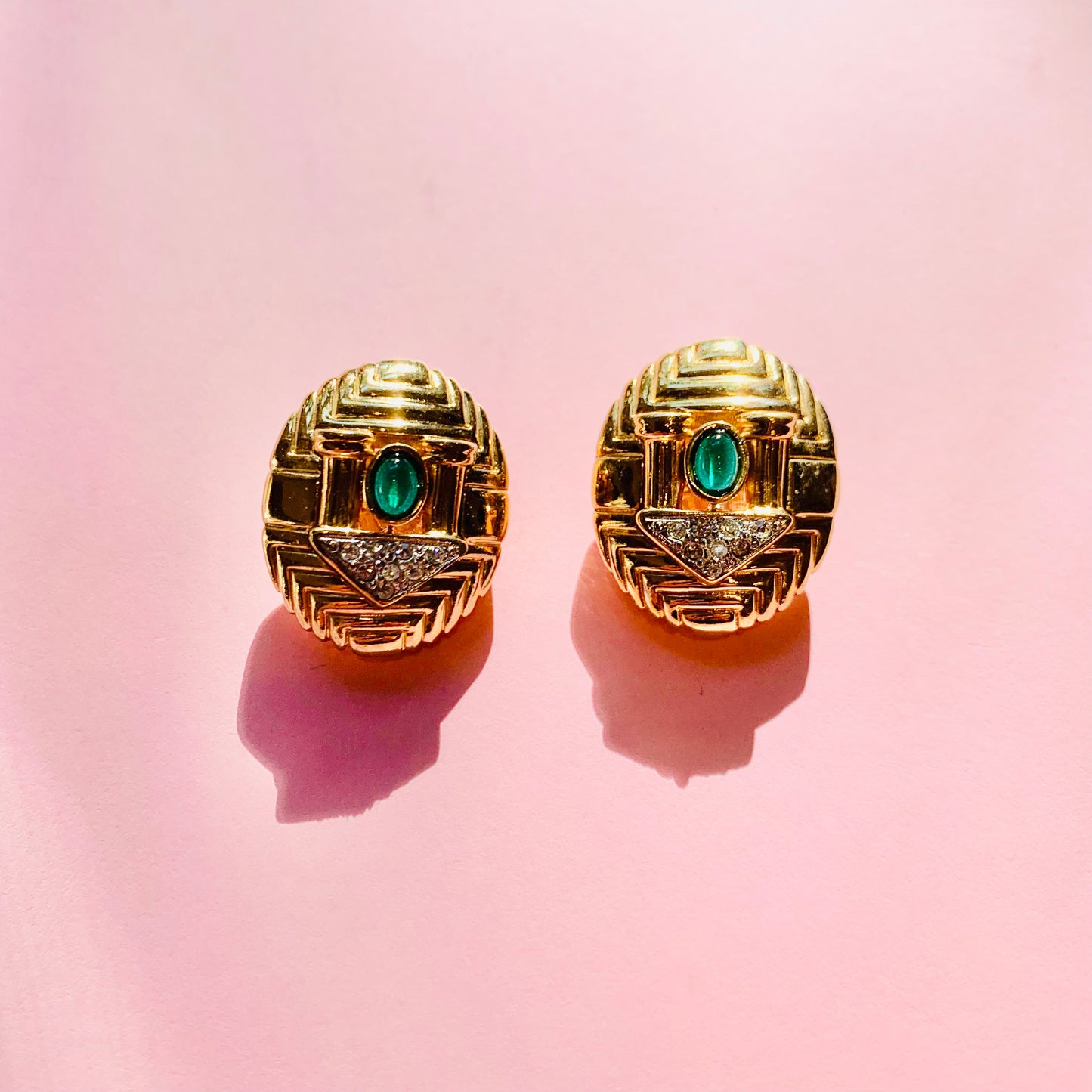 Extremely rare 1940s gold plated clip on earrings with green cabochon paste