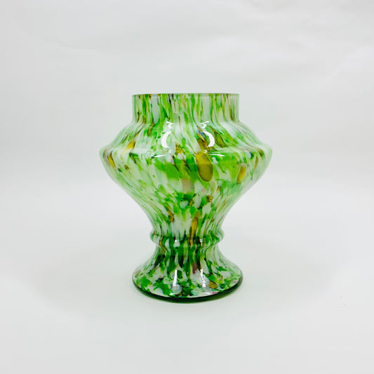 GREEN SPATTER GLASS VASE