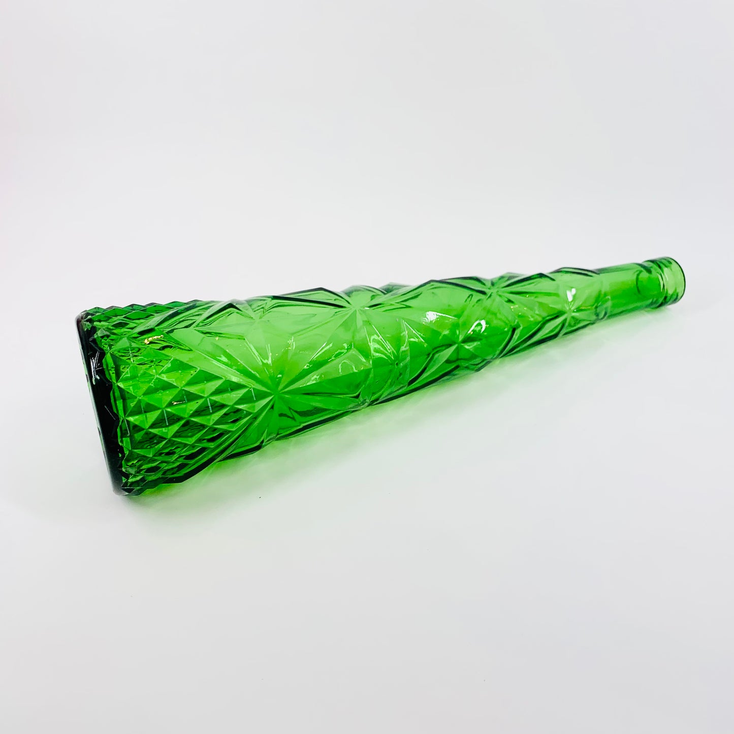 Rare Midcentury green diamond pattern glass decanter/genie bottle