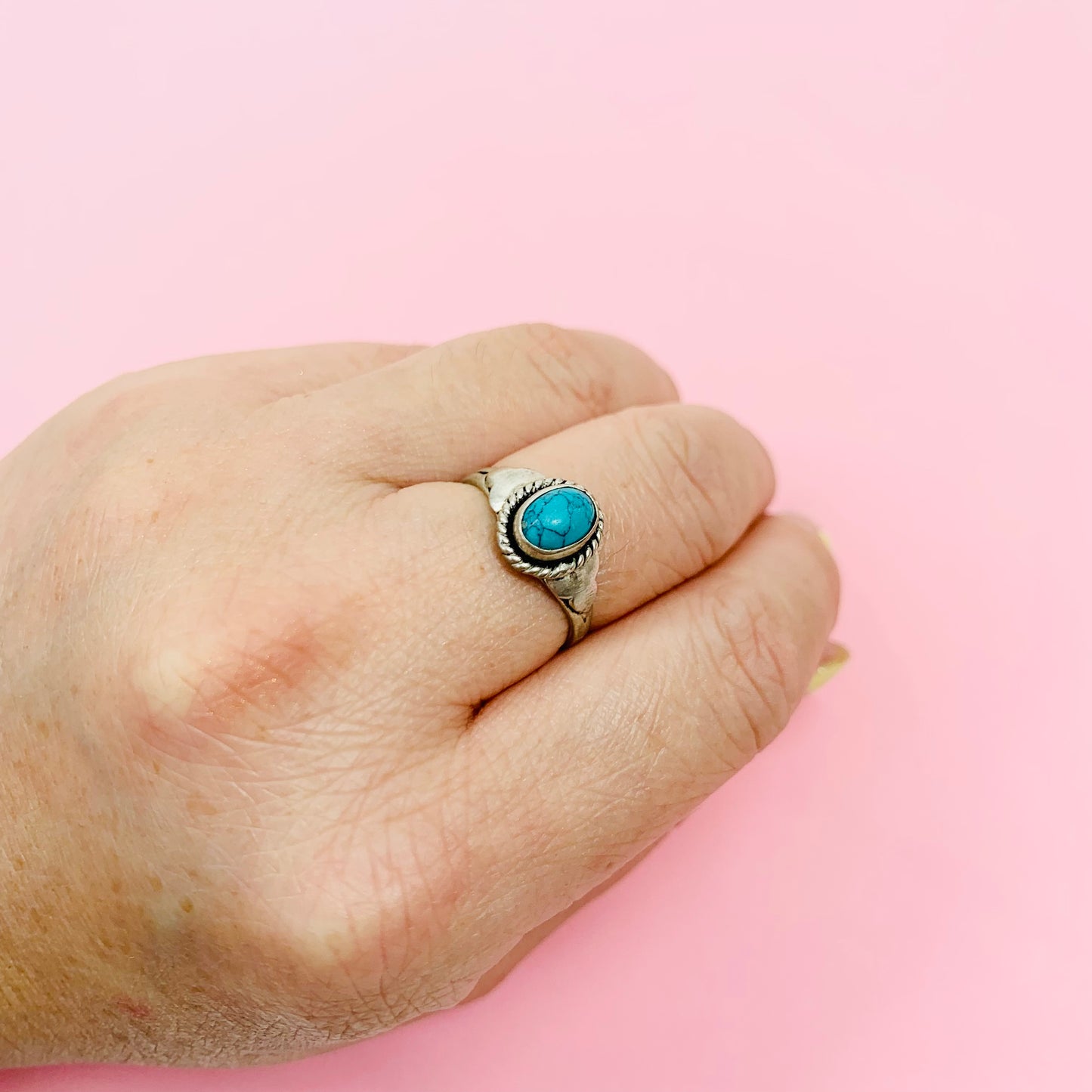 Midcentury silver ring with turquoise center stone