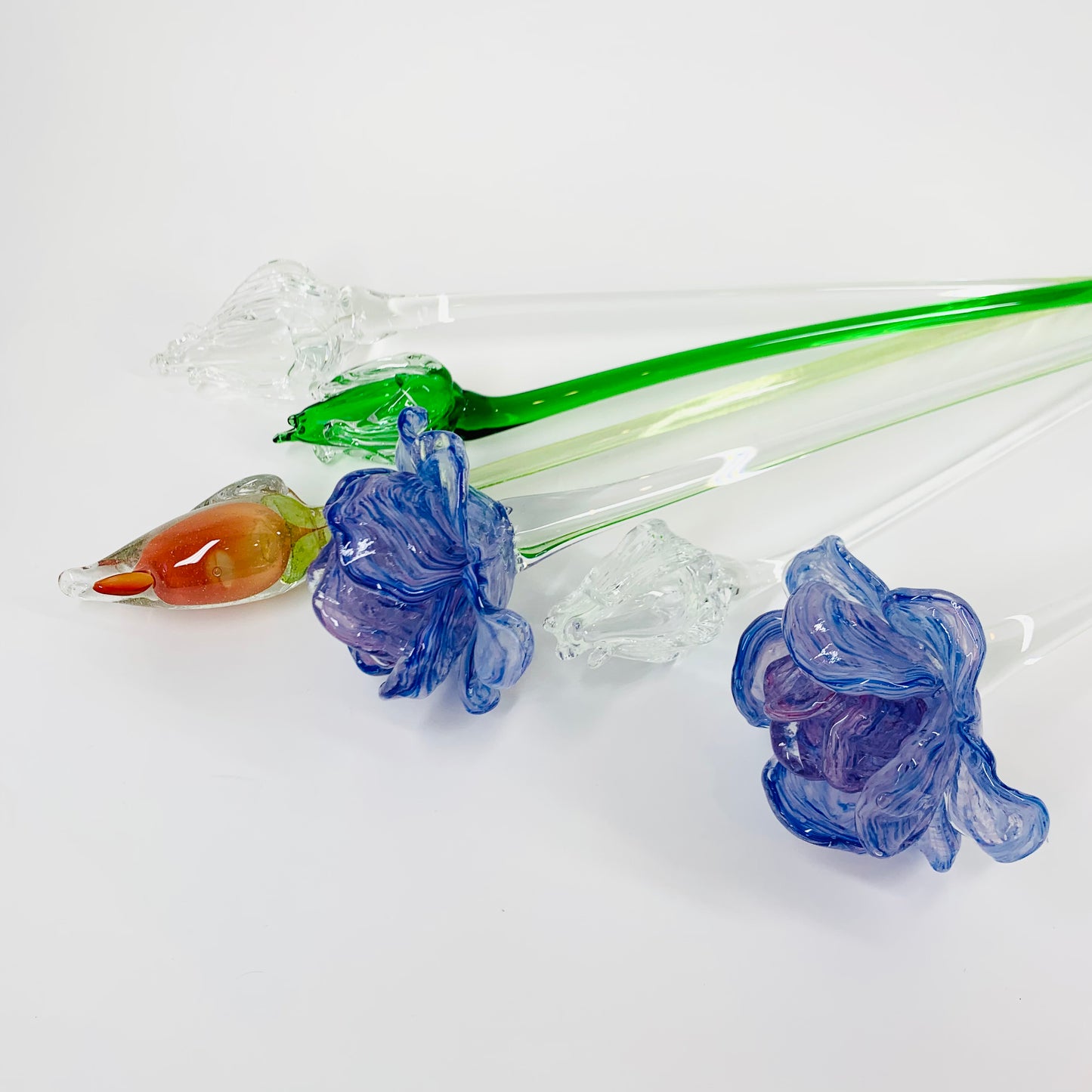 Mouth blown Murano art glass flower on long glass stem