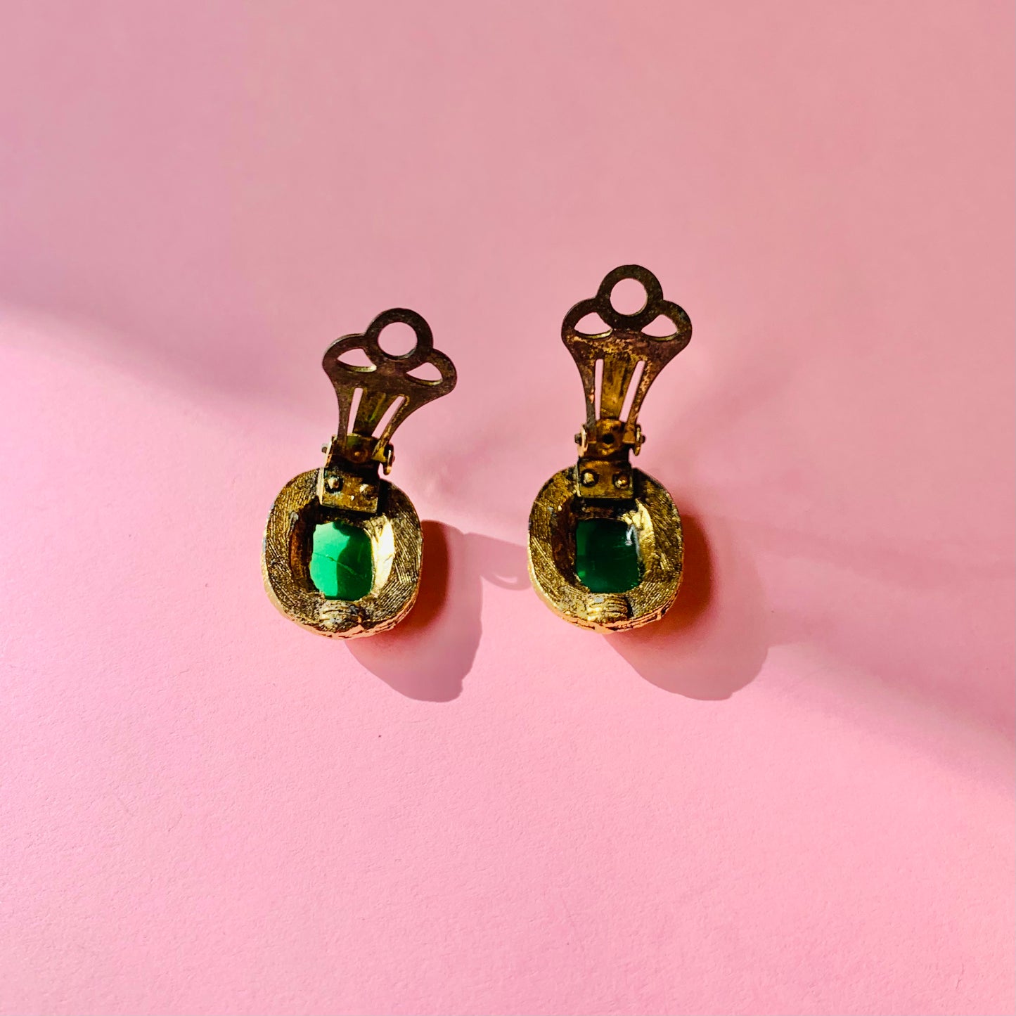 1960s brass nickel clip on earrings with green pastes