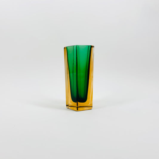 Rare MCM green & amber Murano sommerso block glass vase by Mandruzzato