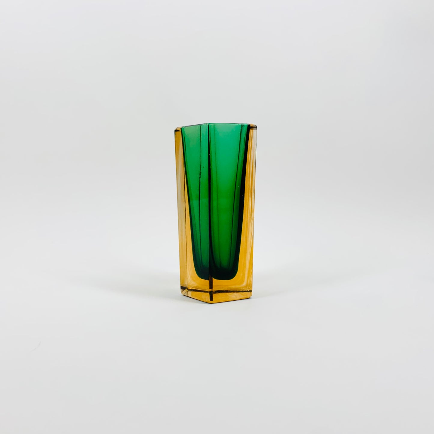 Rare MCM green & amber Murano sommerso block glass vase by Mandruzzato