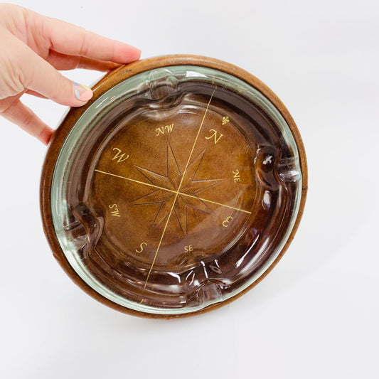 Large MCM gold embossed leather sleeve glass ashtray