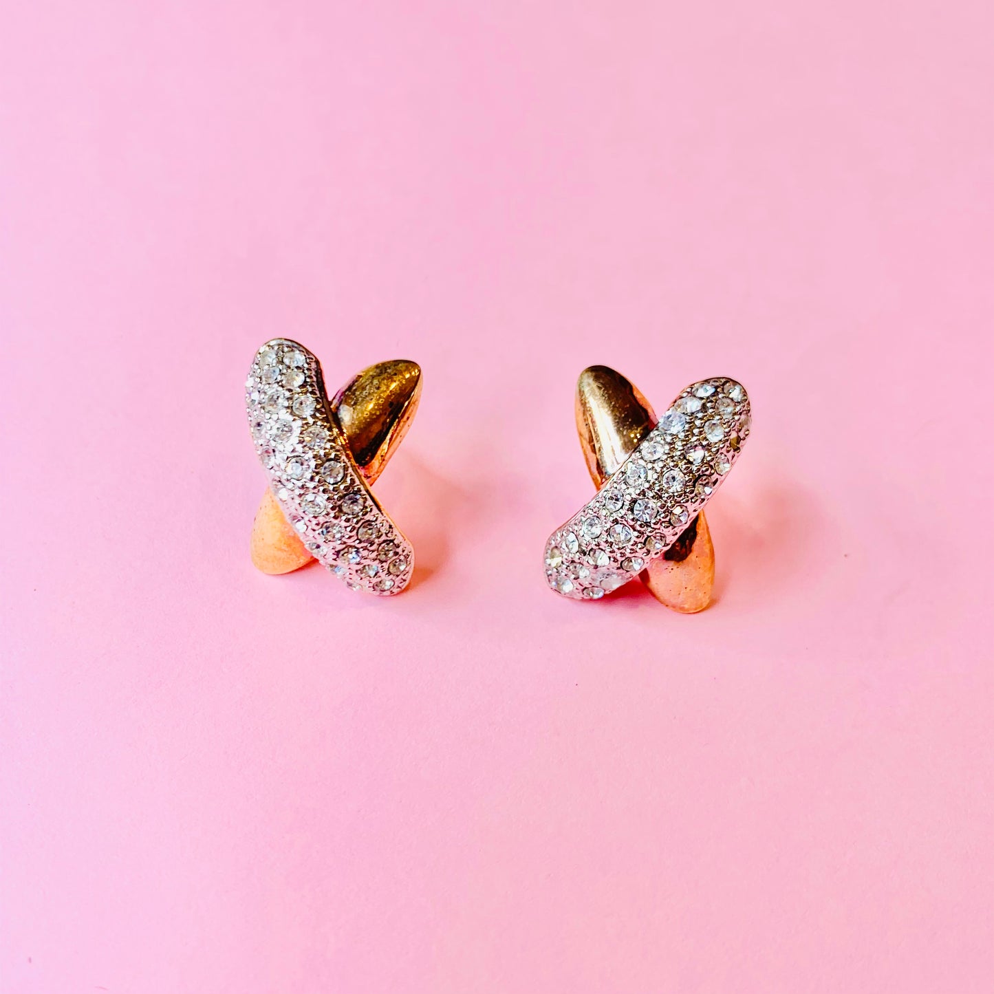 1980s X stud earrings with rhinestones pave