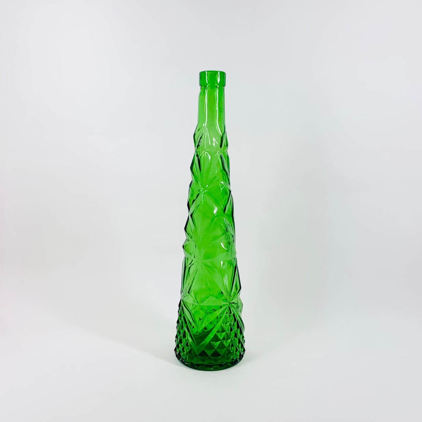 Rare Midcentury green diamond pattern glass decanter/genie bottle