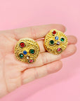 1980s tutti fruitti rhinestones filigree clip on button earrings