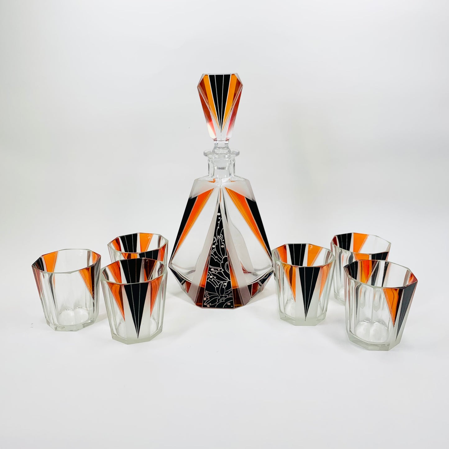 Extremely extremely rare antique Art Deco black & orange enamel decanter satin glass set by Karl Palda
