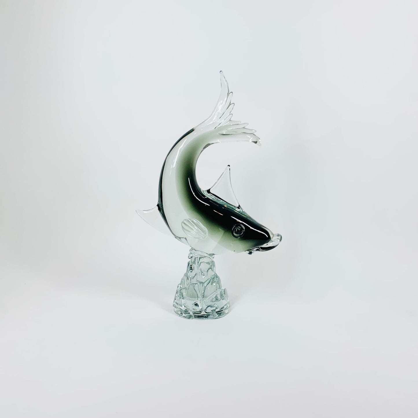 Midcentury Murano grey glass fish sculpture with aventurine & controlled bubbles