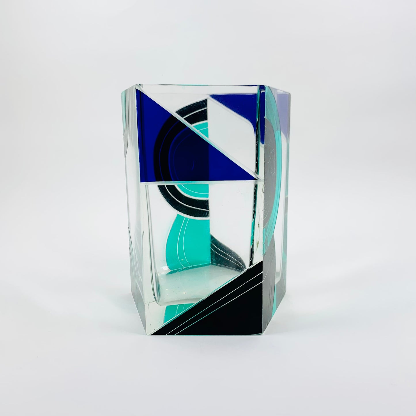 Antique Art Deco green & cobalt blue enamel cased satin hexagons glass posy vase by Karl Palda