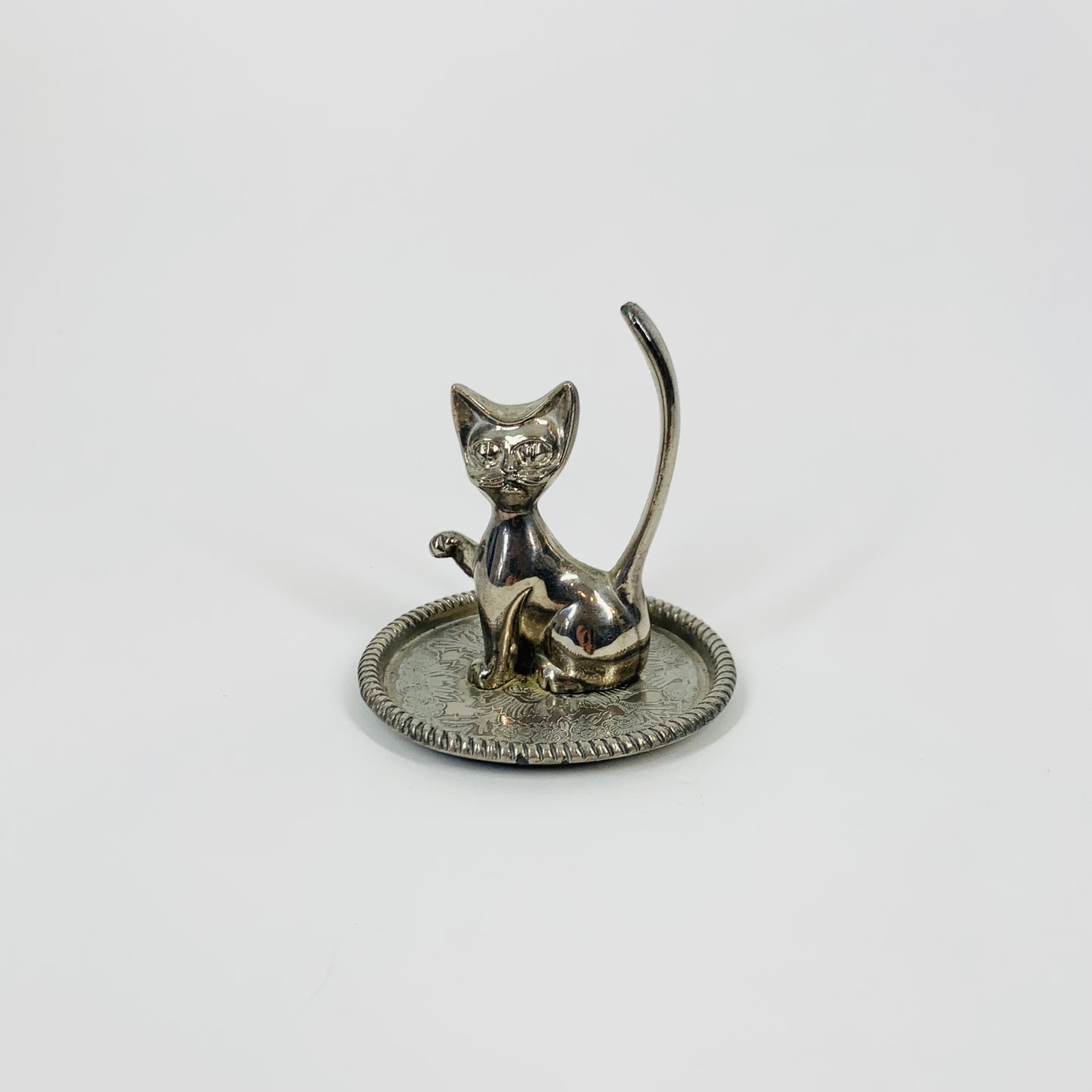 Vintage silver plated dressing table cat ring stacker/pin dish