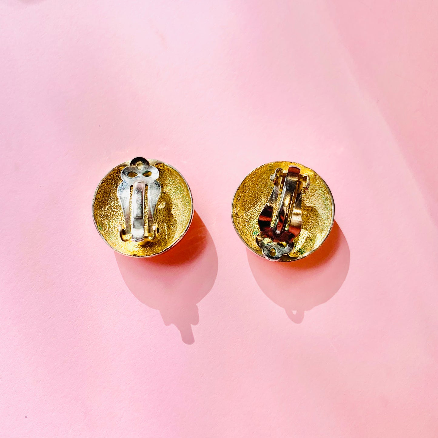 1960s Barcs triple plated gold clip on button earrings with grooves and crystals