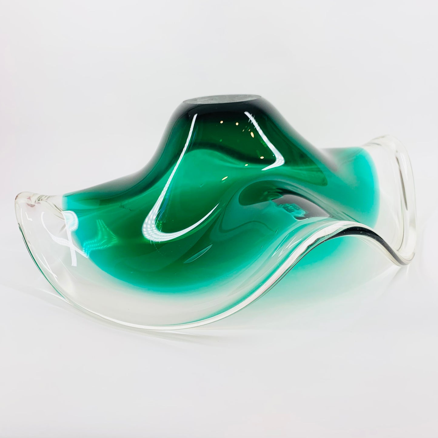 Large ruffle edge MCM Murano emerald green glass bowl
