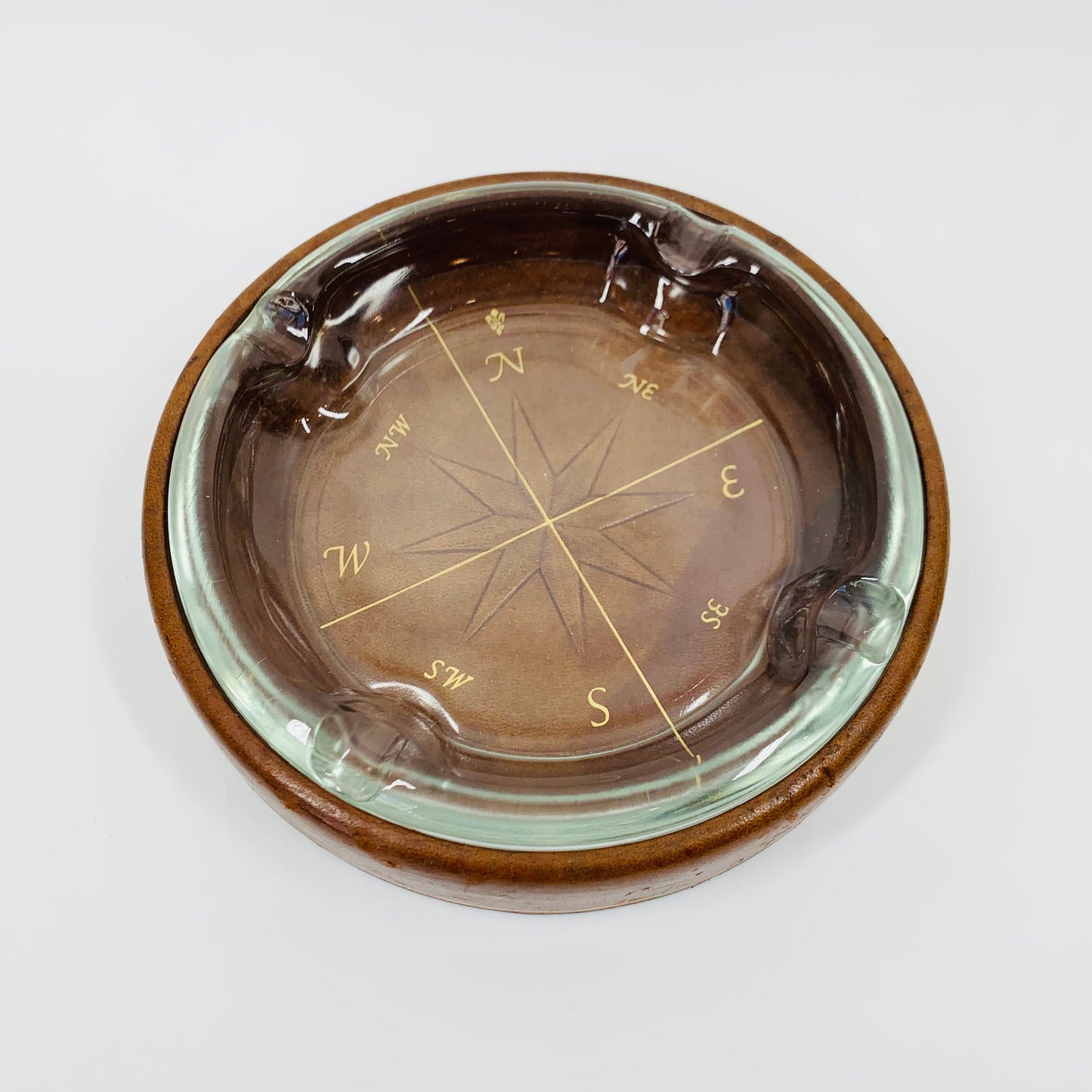 Large MCM gold embossed leather sleeve glass ashtray