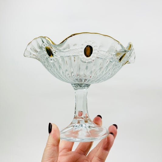 Midcentury pressed glass comport with gold rim