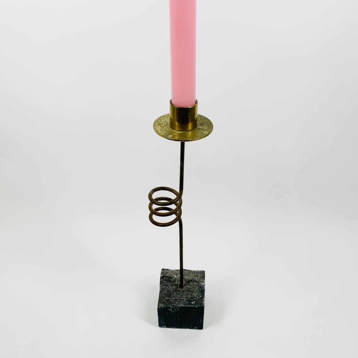 80s Memphis brass nickel abstract candle holder on granite base