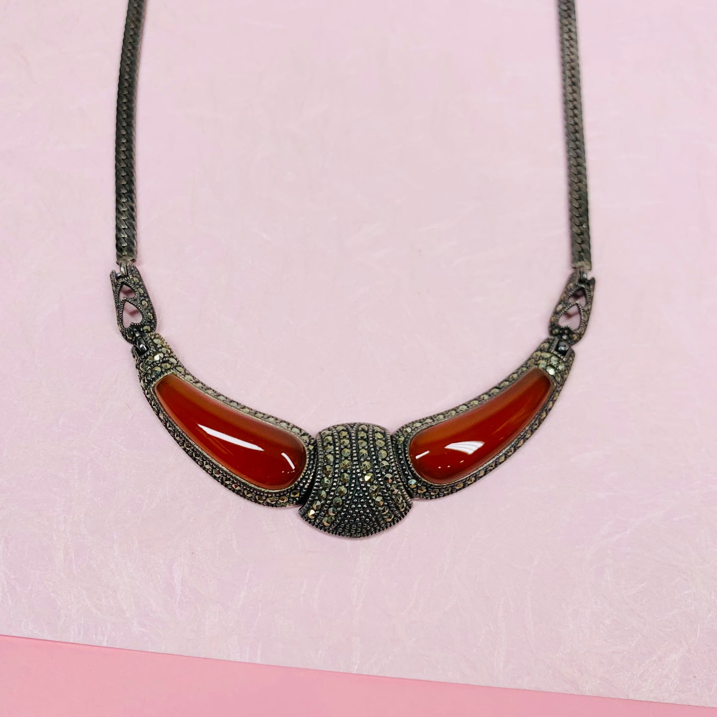 SILVER RED JADE MARCASITE NECKLACE