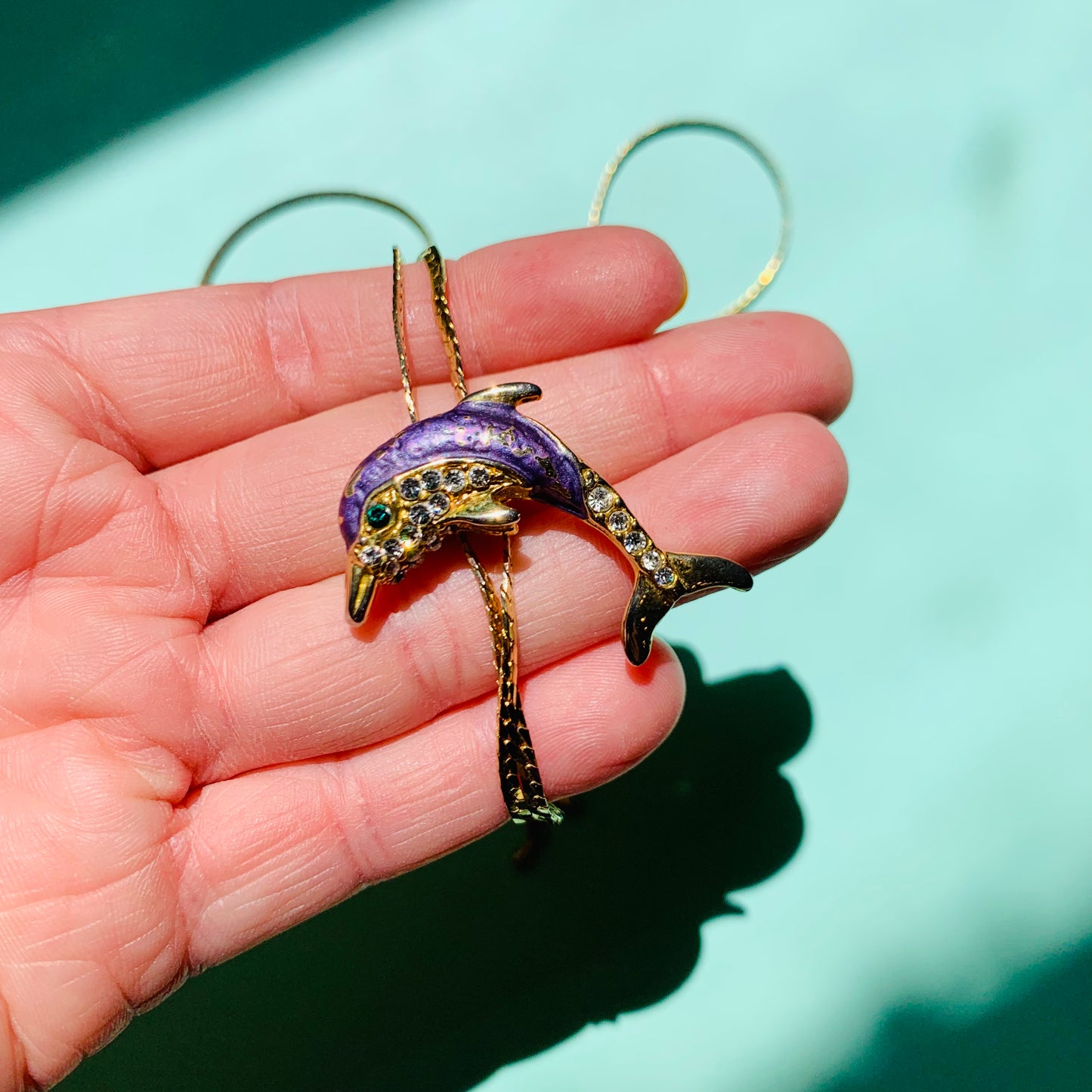 Rare 1970s gold plated with purple enamel dolphin slider bolo necklace